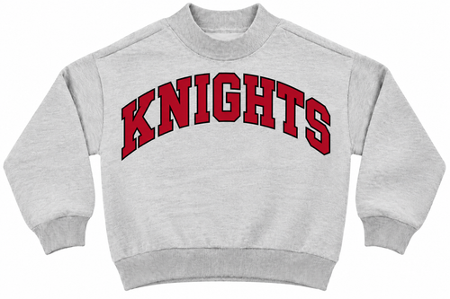 Assumption Design #6 heather gray fitted mockneck with crimson KNIGHTS lettering and black outline